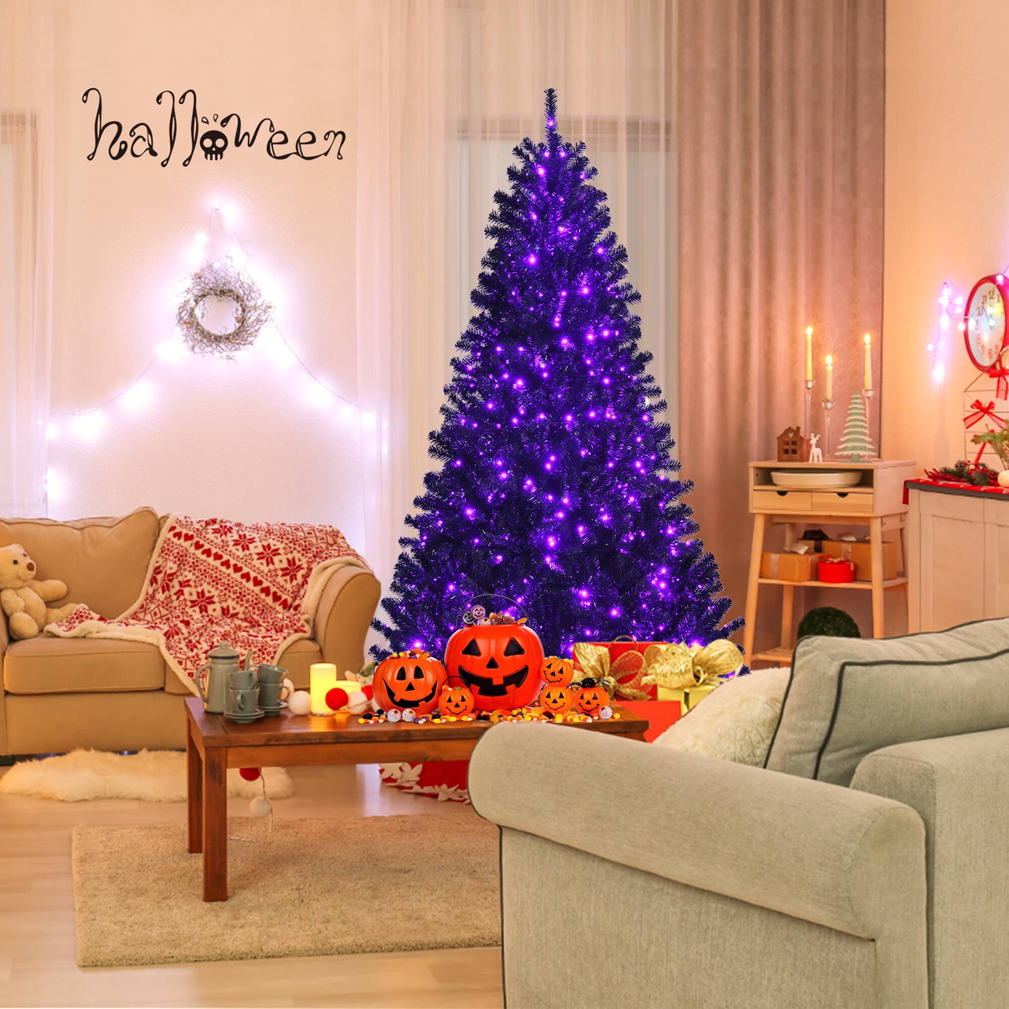 Alt View 2. Gymax - Gymax 6 FT Pre-lit Black Halloween Tree Artificial Hinged Christmas Tree - Black.