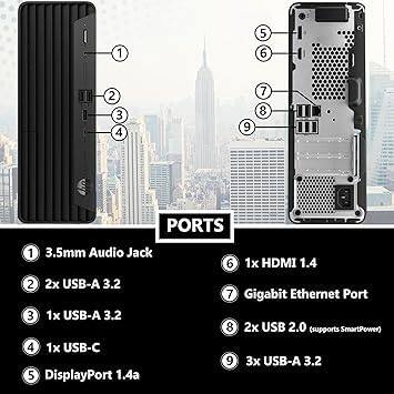 1. 3.5mm Audio Jack  
2. 2x USB-A 3.2  
3. 1x USB-A 3.2  
4. 1x USB-C  
5. DisplayPort 1.4a  
6. 1x HDMI 1.4  
7. Gigabit Ethernet Port  
8. 2x USB 2.0 (supports SmartPower)  
9. 3x USB-A 3.2