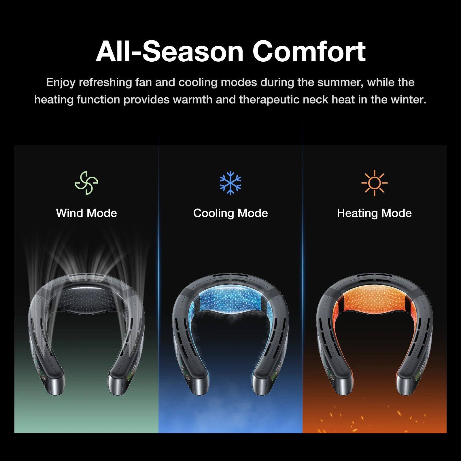 All-Season Comfort Enjoy refreshing fan and cooling modes during the summer, while the heating function provides warmth and therapeutic neck heat in the winter. Wind Mode, Cooling Mode, Heating Mode.