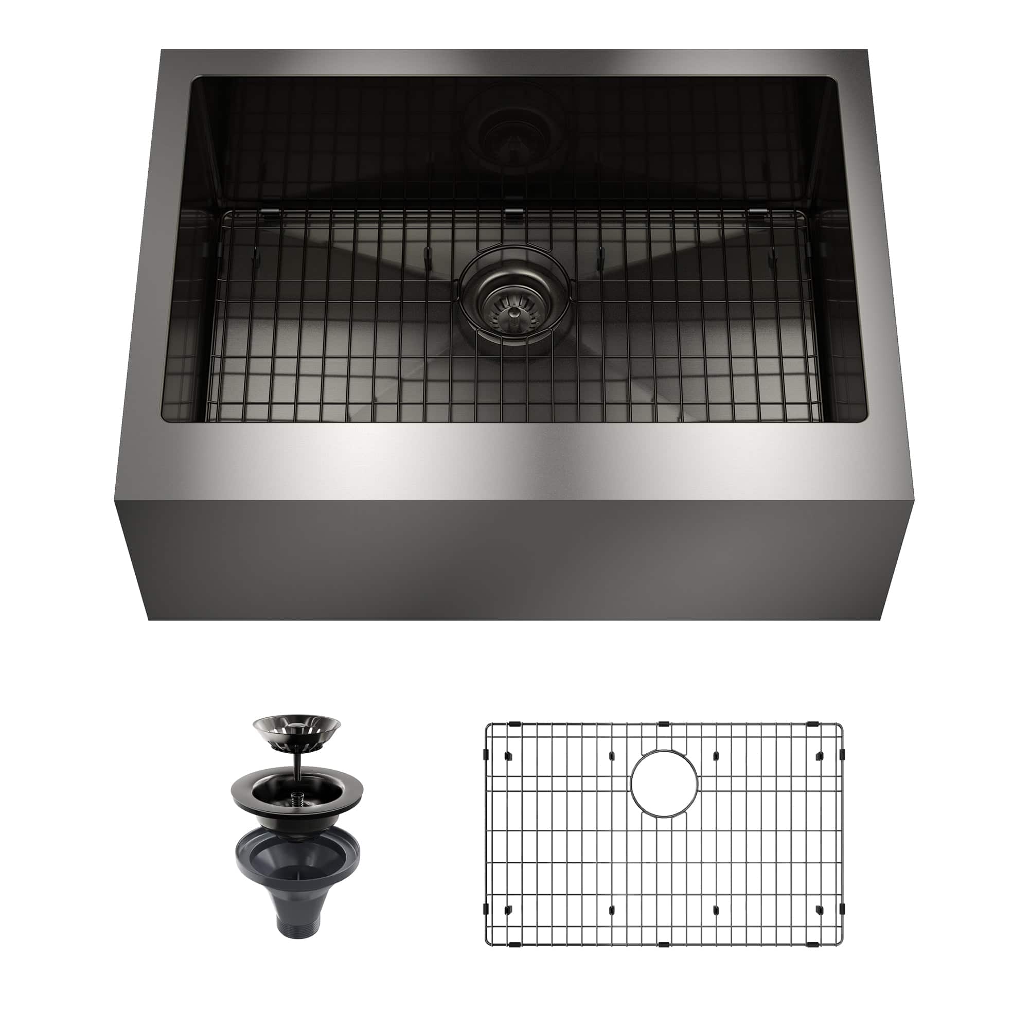 Front. Boyel Living - 30 in. Farmhouse Apron-Front Single Bowl 18-Gauge Gray Stainless Steel Kitchen Sink with Bottom Grid and Strainer Basket - Gray.