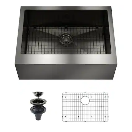 Front. Boyel Living - 30 in. Farmhouse Apron-Front Single Bowl 18-Gauge Gray Stainless Steel Kitchen Sink with Bottom Grid and Strainer Basket - Gray.