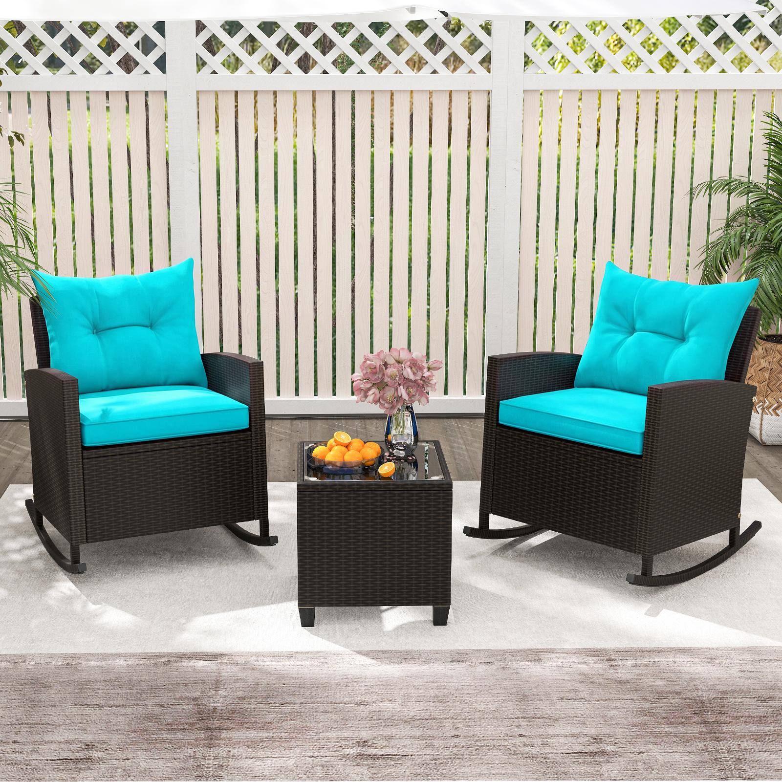 Alt View 4. Costway - Costway 3PCS Patio Wicker Rocking Set with Tempered Glass Table & Soft Cushions Outdoor - Mix Brown+Turquoise.