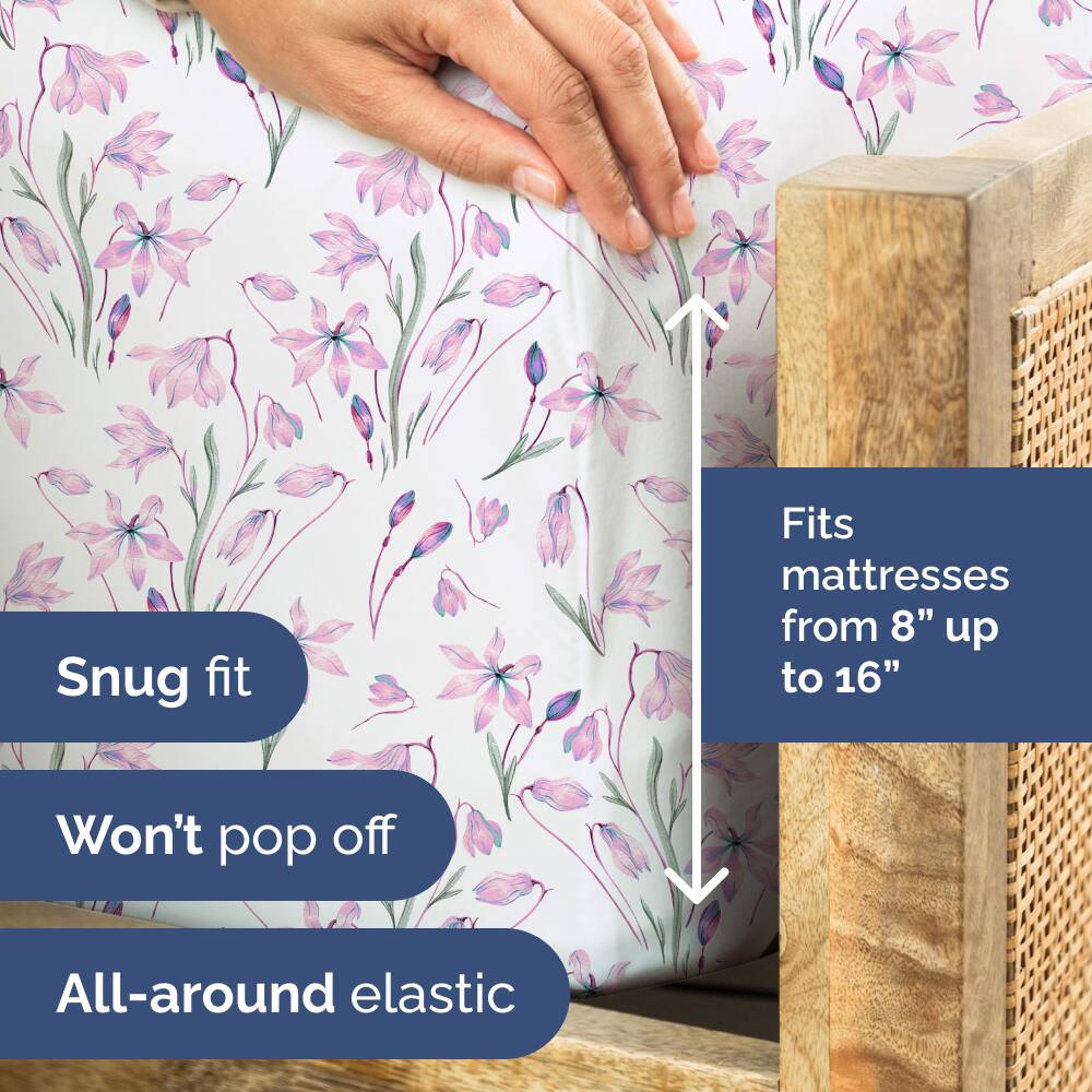 - Snug fit
- Fits mattresses from 8" up to 16"
- Won't pop off
- All-around elastic