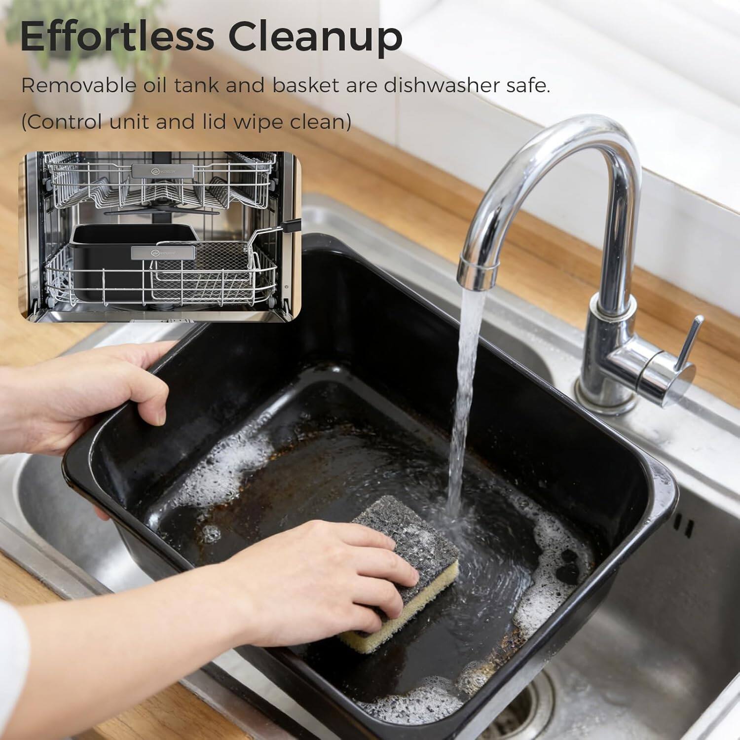 Effortless Cleanup  
Removable oil tank and basket are dishwasher safe.  
(Control unit and lid wipe clean)