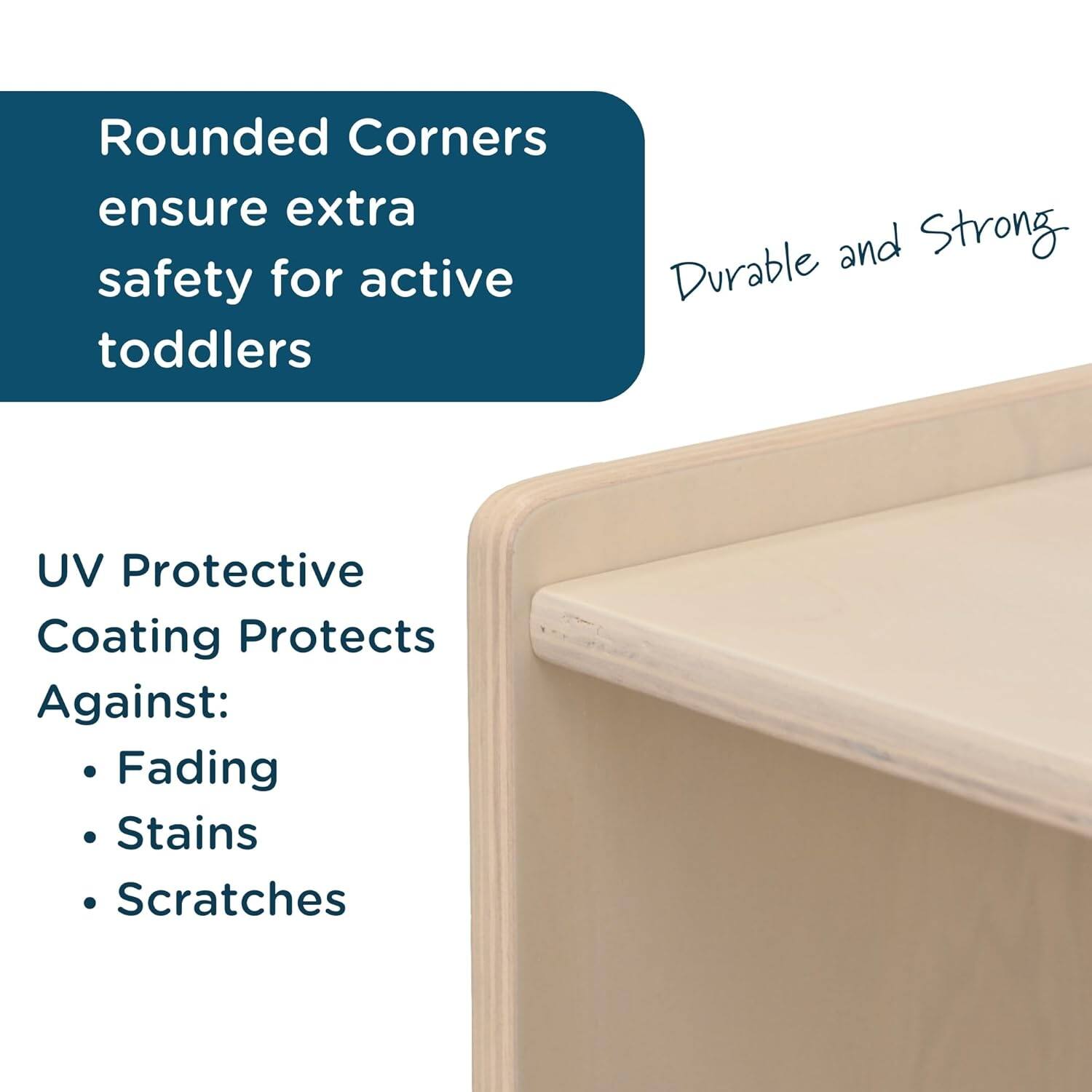 Rounded Corners ensure extra safety for active toddlers

Durable and Strong

UV Protective Coating Protects Against:
- Fading
- Stains
- Scratches