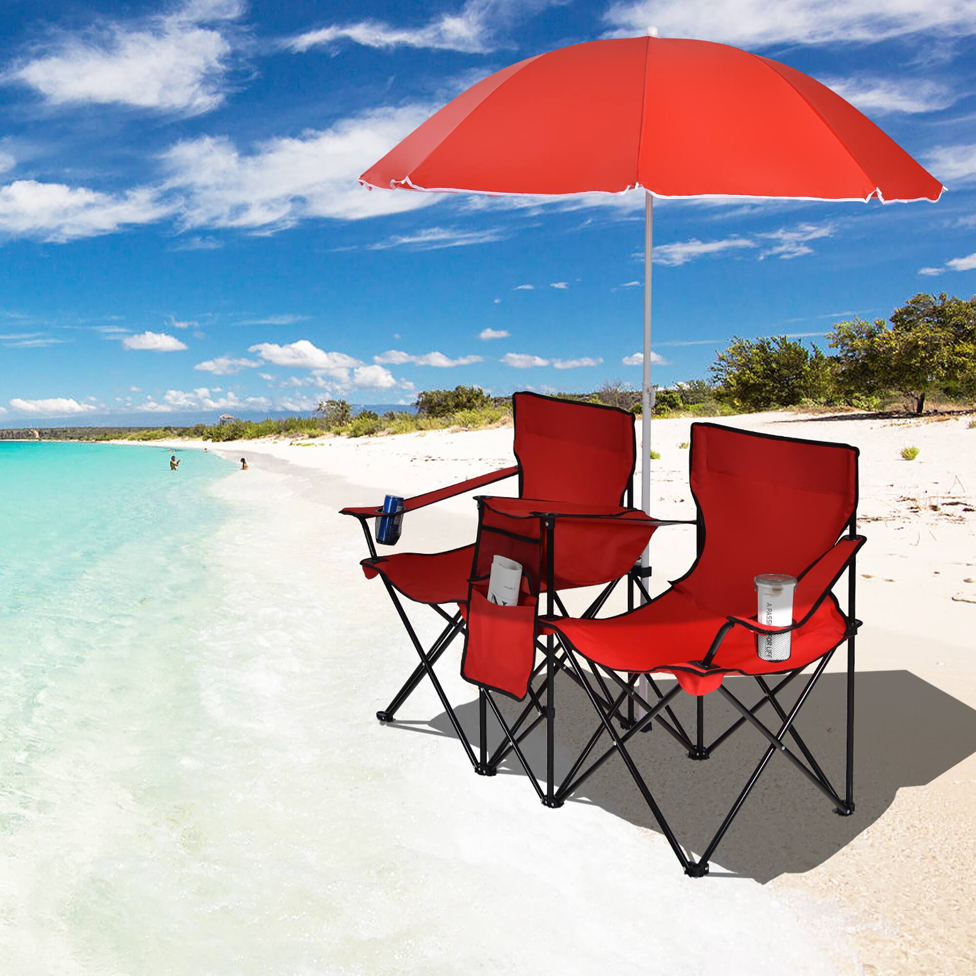 Left. Costway - Portable Folding Picnic Double Chair W/Umbrella Table Cooler Beach Camping Red - Red.