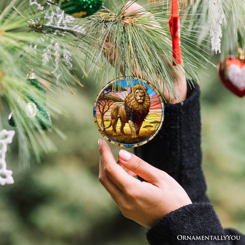 Alt View 1. OrnamentallyYou - Kings of the Savannah Lion Stained Glass Style Ceramic Ornament African Animals Christmas Gift - Multi-colored.