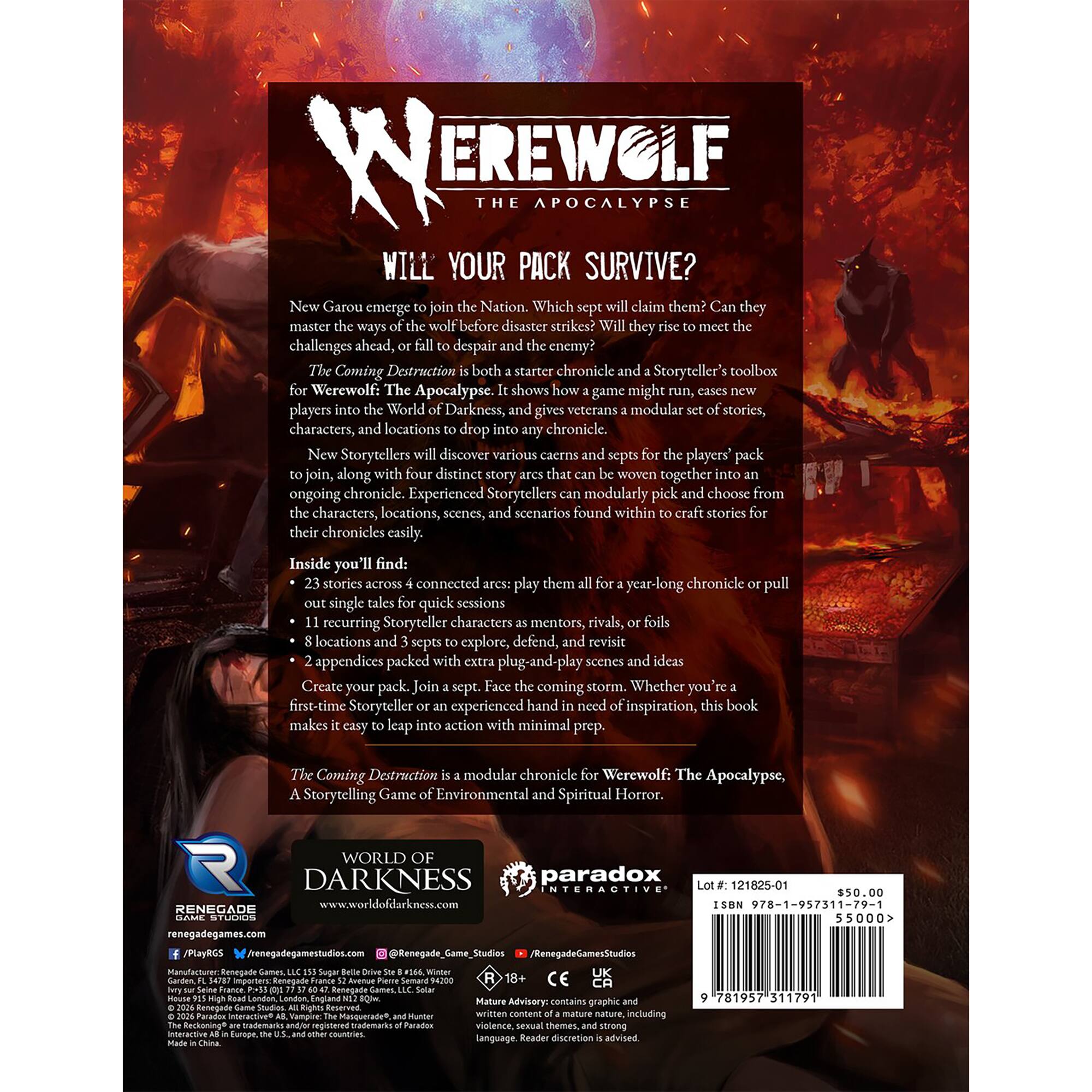 WEREWOLF THE APOCALYPSE  
WILL YOUR PACK SURVIVE?  

New Garou emerge to join the Nation. Which sept will claim them? Can they master the ways of the wolf before disaster strikes? Will they rise to meet the challenges ahead, or fall to despair and the enemy?  

The Coming Destruction is both a starter chronicle and a Storyteller's toolbox for Werewolf: The Apocalypse. It shows how a game might run, easing new players into the World of Darkness, and gives veterans a modular set of stories, characters, and locations to drop into any chronicle.  

New Storytellers will discover various caerns septs players' pack join, along with four distinct story arcs that can be woven together into an ongoing chronicle. Experienced Storytellers can modularly pick and choose from the characters, locations, scenes, and scenarios found within to craft stories for their chronicles easily.  

Inside you'll find:  
- 23 stories across 4 connected arcs: play them all for a year-long chronicle or pull out single tales for quick sessions  
- 8 locations and 3 septs to explore, defend, and revisit  
- 11 recurring Storyteller characters as mentors, rivals