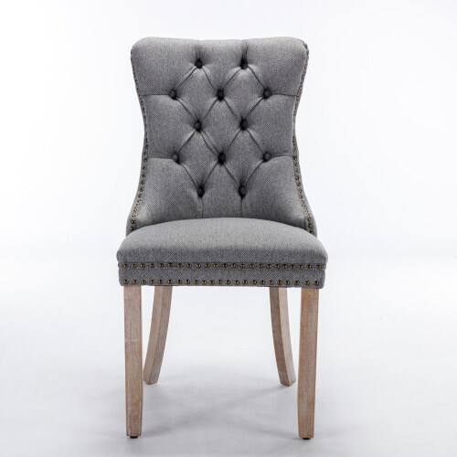 Angle. LUCKY ONE - Assembled Tufted Linen Dining Chair Set of 2 with Wood Legs Nailhead Trim High Back Side Chair - Gray.