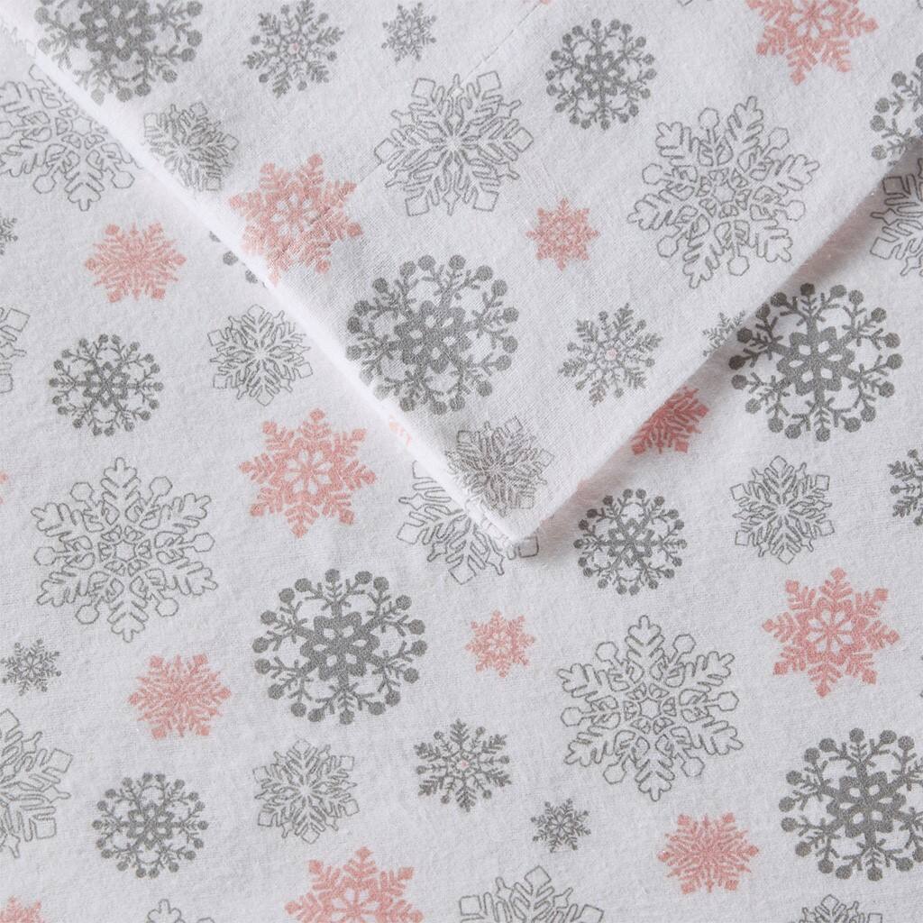 Gracie Mills - Persephone Cotton Flannel Sheet Set - Pink/Grey Snowflakes - Thumbnail 4