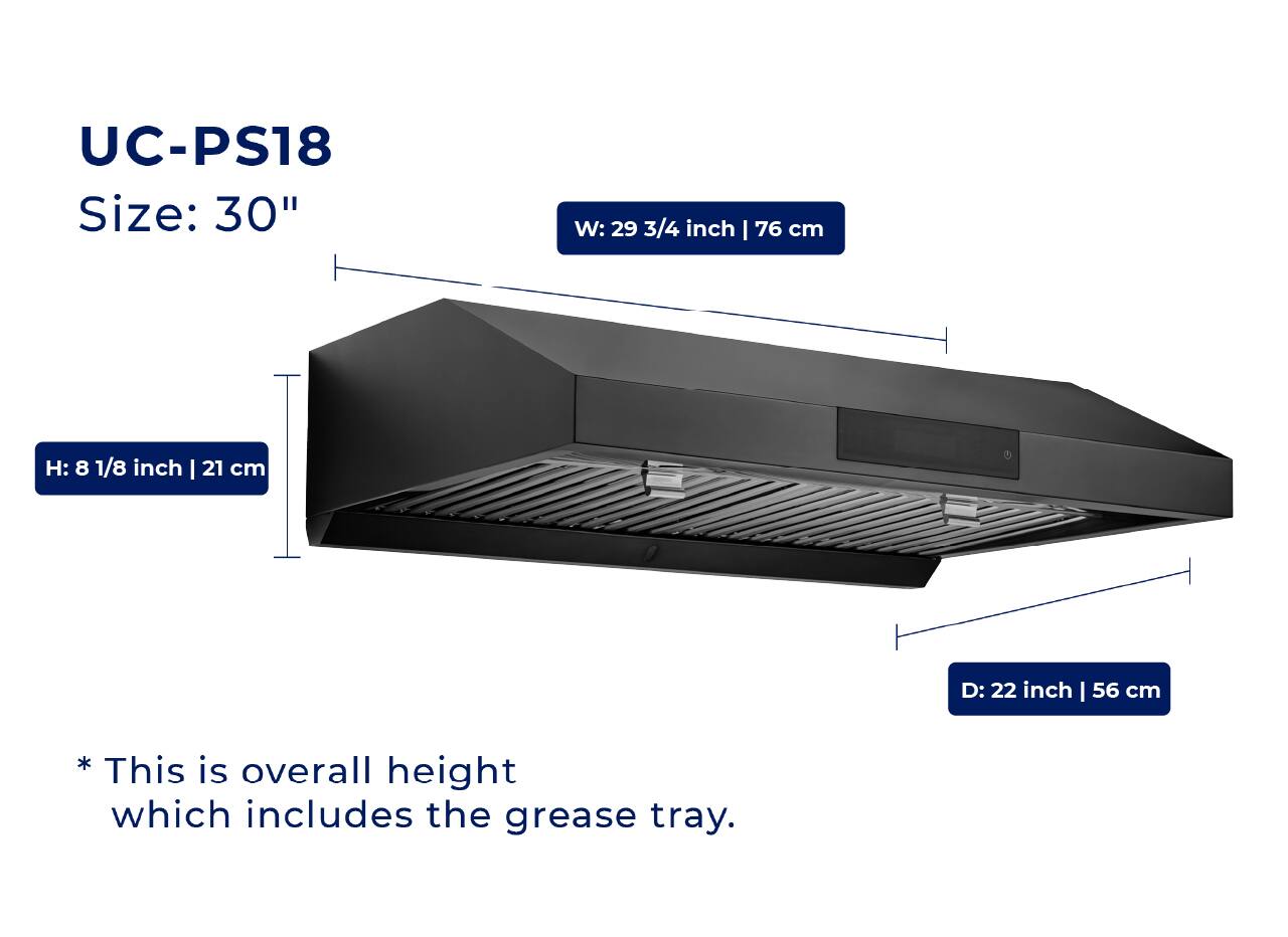 UC-PS18  
Size: 30"  
W: 29 3/4 inch | 76 cm  
H: 8 1/8 inch | 21 cm  
D: 22 inch | 56 cm  

* This is overall height which includes the grease tray.