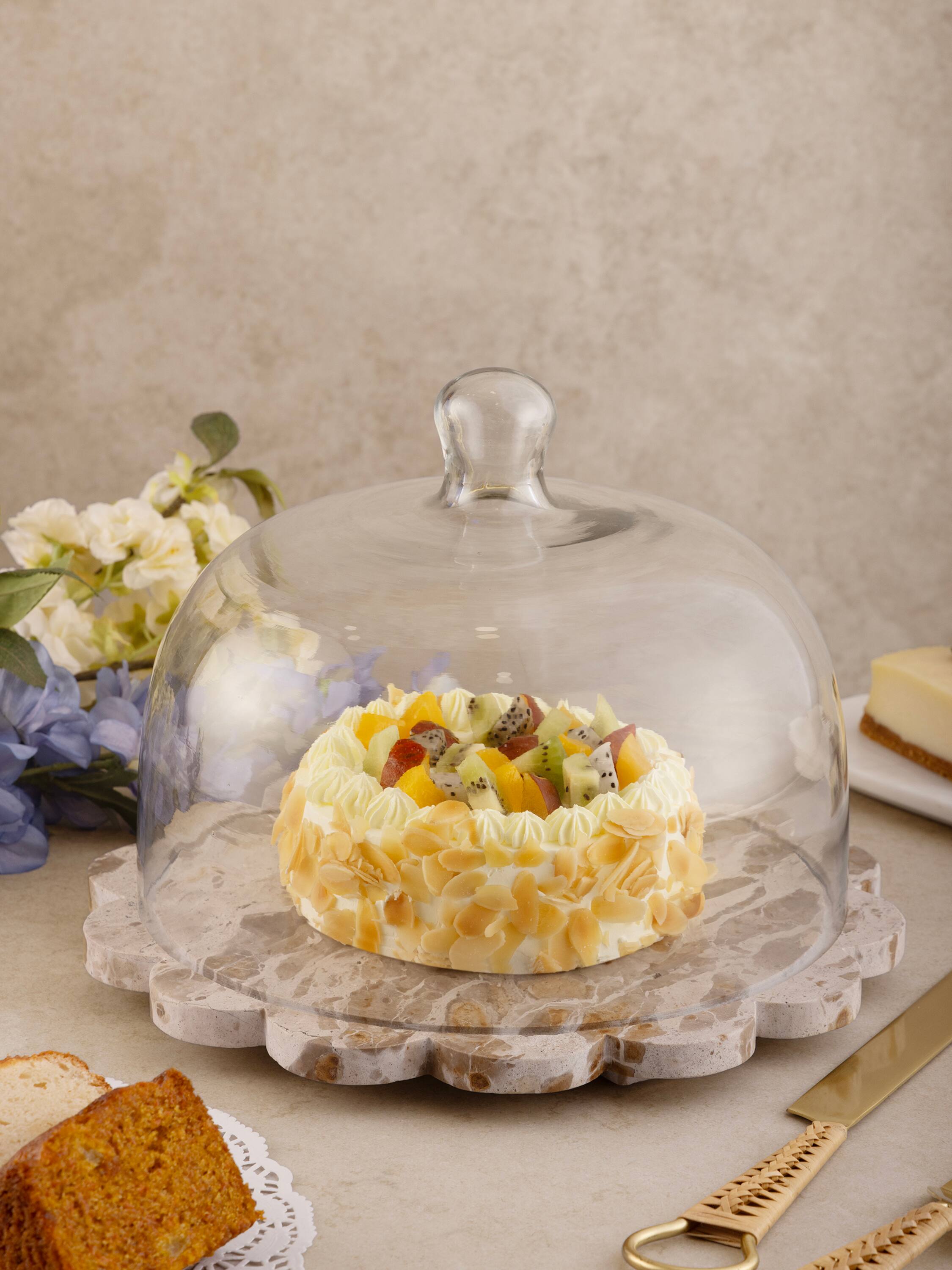 Angle. GAURI KOHLI - Viola Serving Board with Cloche - Shades of brown and beige.