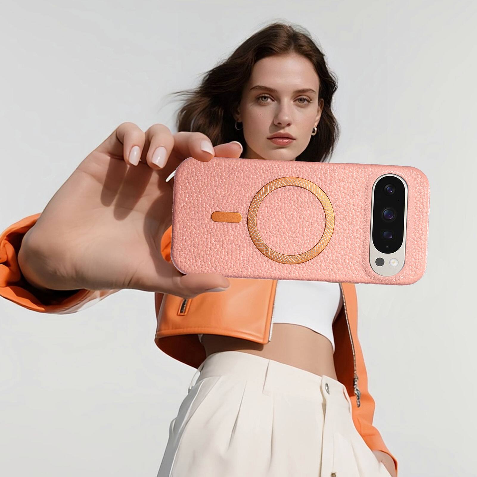 Angle. Dteck - Lychee Texture Case for Google Pixel 10 Pro XL, Premium PU Leather Magnetic Shockproof Hard PC Cover with Raised Edges - Pink.
