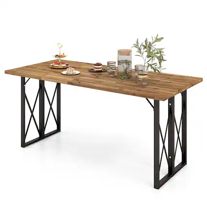 Front. Costway - Costway 67" Patio Rectangle Table Heavy-Duty Acacia Wood Dining Table with Umbrella Hole - Rustic Brown.