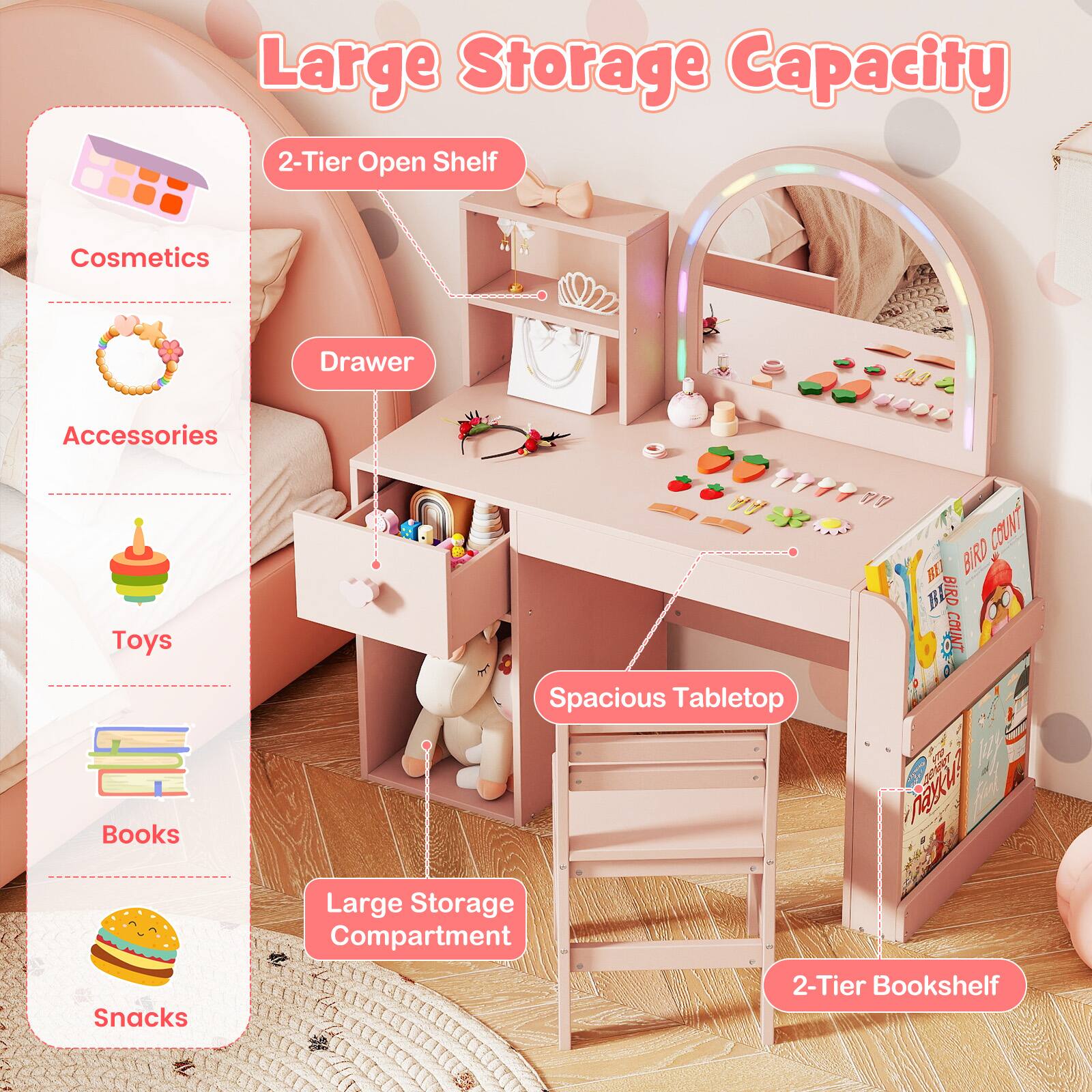 Large Storage Capacity

- 2-Tier Open Shelf
  - Cosmetics
  - Accessories
  - Toys
  - Books
  - Snacks

- Drawer

- Large Storage Compartment

- Spacious Tabletop

- 2-Tier Bookshelf