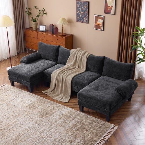 Front. Winado - 110" Sectional Couches Chenille Upholstery U-Shape 4 Seat Sofa Set with Double Chaises & Wood Grain Legs for Living Room - Black.