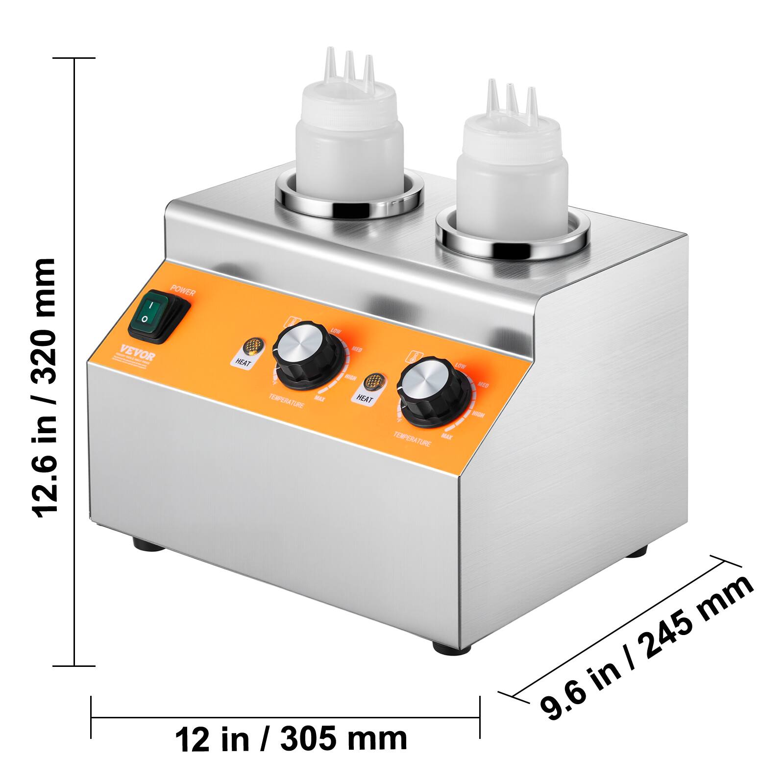 - Height: 12.6 in / 320 mm
- Width: 12 in / 305 mm
- Depth: 9.6 in / 245 mm

POWER
HEAT
TEMPERATURE