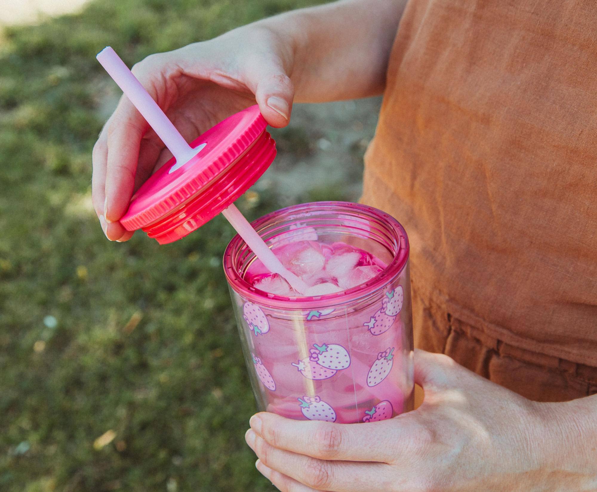 Alt View 3. Hello Kitty - Sanrio Hello Kitty Strawberries Plastic Tumbler With Lid and Straw | 20 Ounces - Pink.