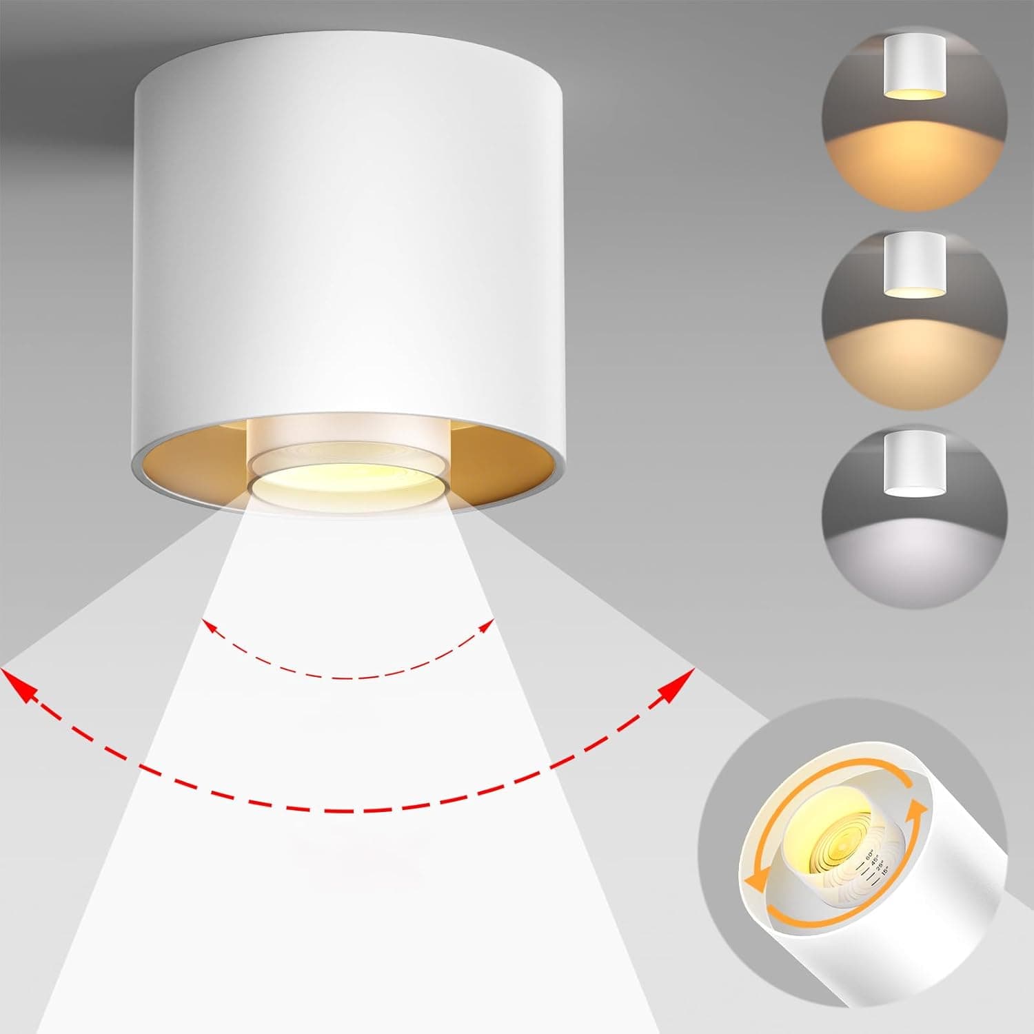 Front. FINEAK - 3-Color 30W White Zoomable Dimmable LED Flush Mount Ceiling Spotlight.