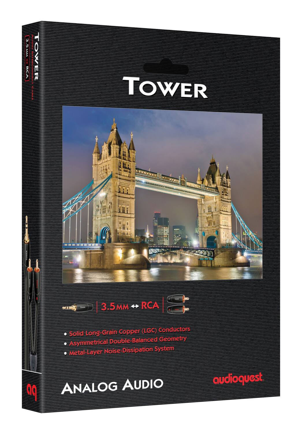 The text on the image reads: "3.5 M  FPA LOWER: RCA | 000 TUTICIIIEL II I | TOWER I  3.5 MM H RCA Copper (LGC) Conductors Solid Long-Grain Double-Balanced Geometry Asymmetrical Noise-Dissipation System Metal-Layer ANALOG AUDIO po audioquest."