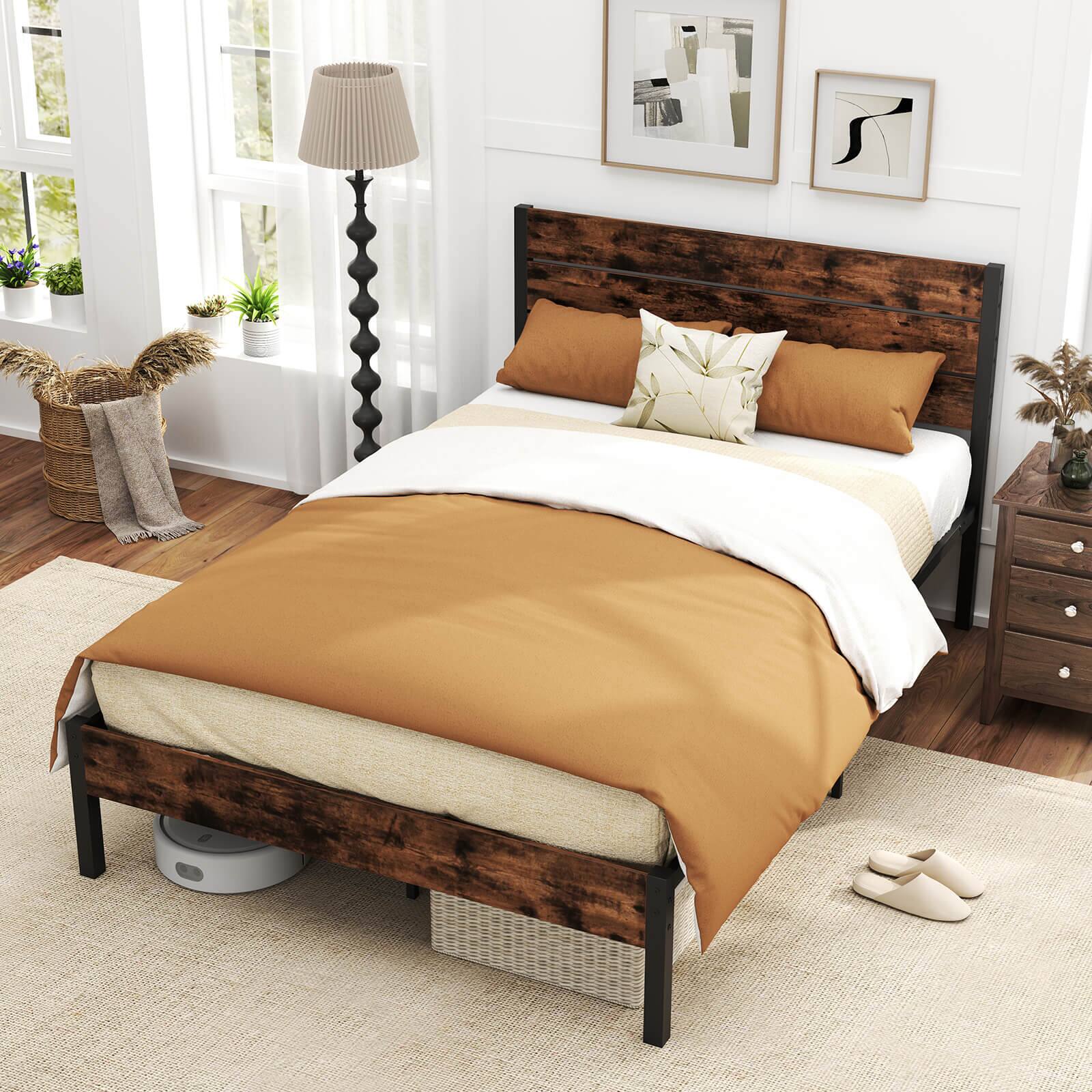 Alt View 4. Costway - Full Bed Frame with Tall Industrial Headboard Heavy-Duty Metal Slats Support - Brown.