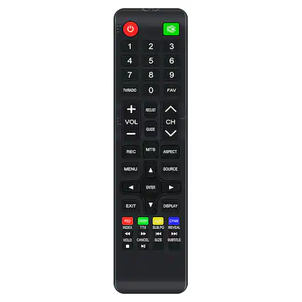 1 2 3 4 5 6 7 8 9 0 TV/RADIO FAV VOL REC GUIDE CH DE RECLIST MTS ASPECT SOURCE MENU ENTER EXIT DISPLAY RED GREEN YELLOW CYAN INDEX TTX SUB.PG REVEAL HOLD CANCEL SIZE SUBTITLE