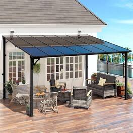 Yardgrace - 10'x 14' Outdoor Wall Mounted Lean-to Gazebo, Heavy Duty Sloped Roof Metal Awning for Patio, Decks & Backyard - Black