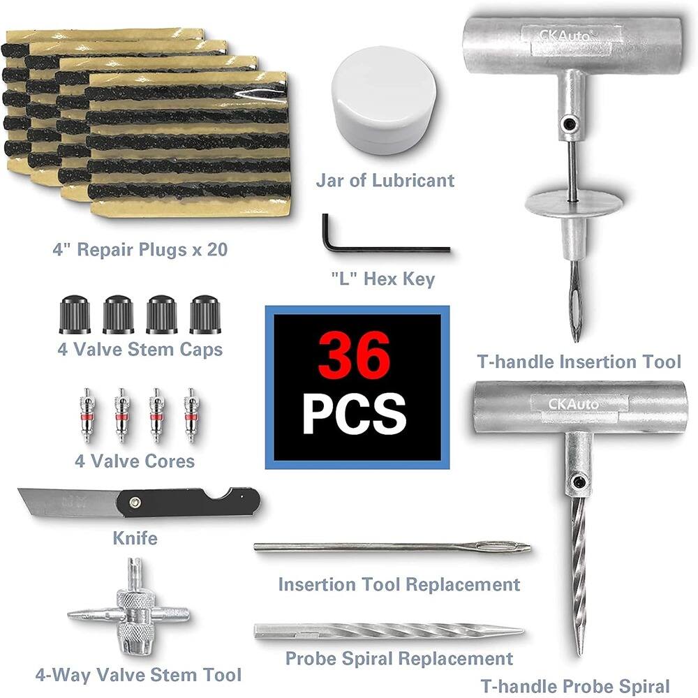 CKAuto Jar of Lubricant  
4" Repair Plugs x 20  
"L" Hex Key  
4 Valve Stem Caps  
4 Valve Cores  
Knife  
4-Way Valve Stem Tool  
Insertion Tool Replacement  
Probe Spiral Replacement  
T-handle Insertion Tool  
T-handle Probe Spiral  

36 PCS
