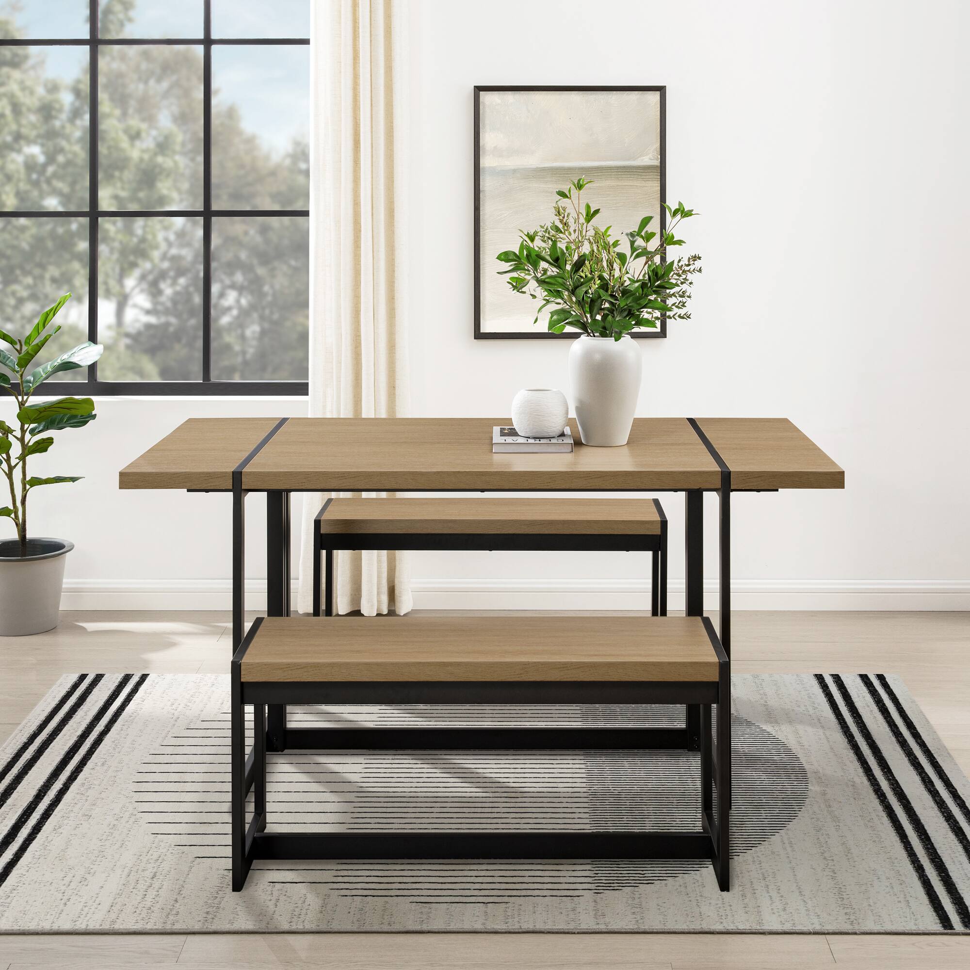 Alt View Zoom 11. Walker Edison - Industrial Dining Set with 2 Benches - Coastal Oak.