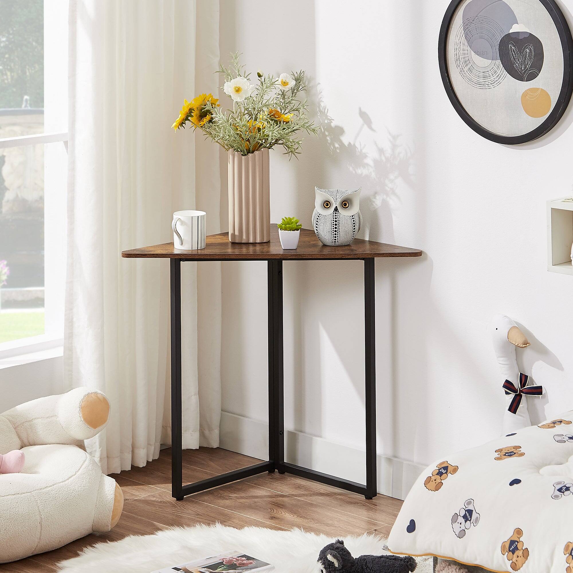 Alt View 1. Vecelo - Corner Shelf, End Side Tables, Triangle Shelves with Metal Frame for Small Space, Living Room, Kitchen, Bathroom - Brown.