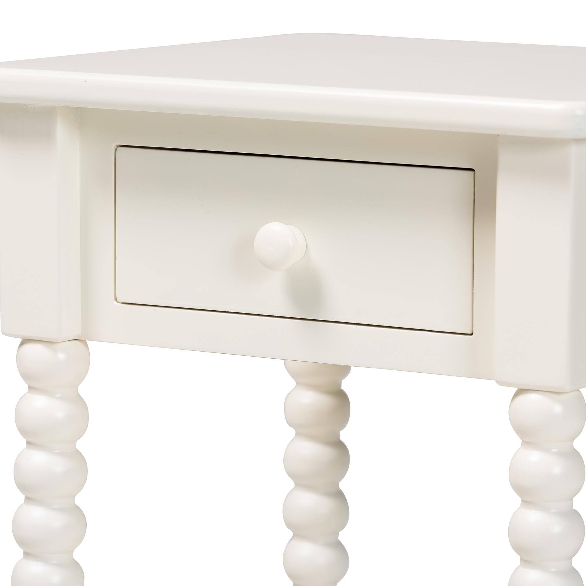 Alt View 2. Baxton Studio - Raynera End Table with Bobbin Legs - 1-Drawer Accent Table with Spindle Turned Legs and Open Shelf - White.