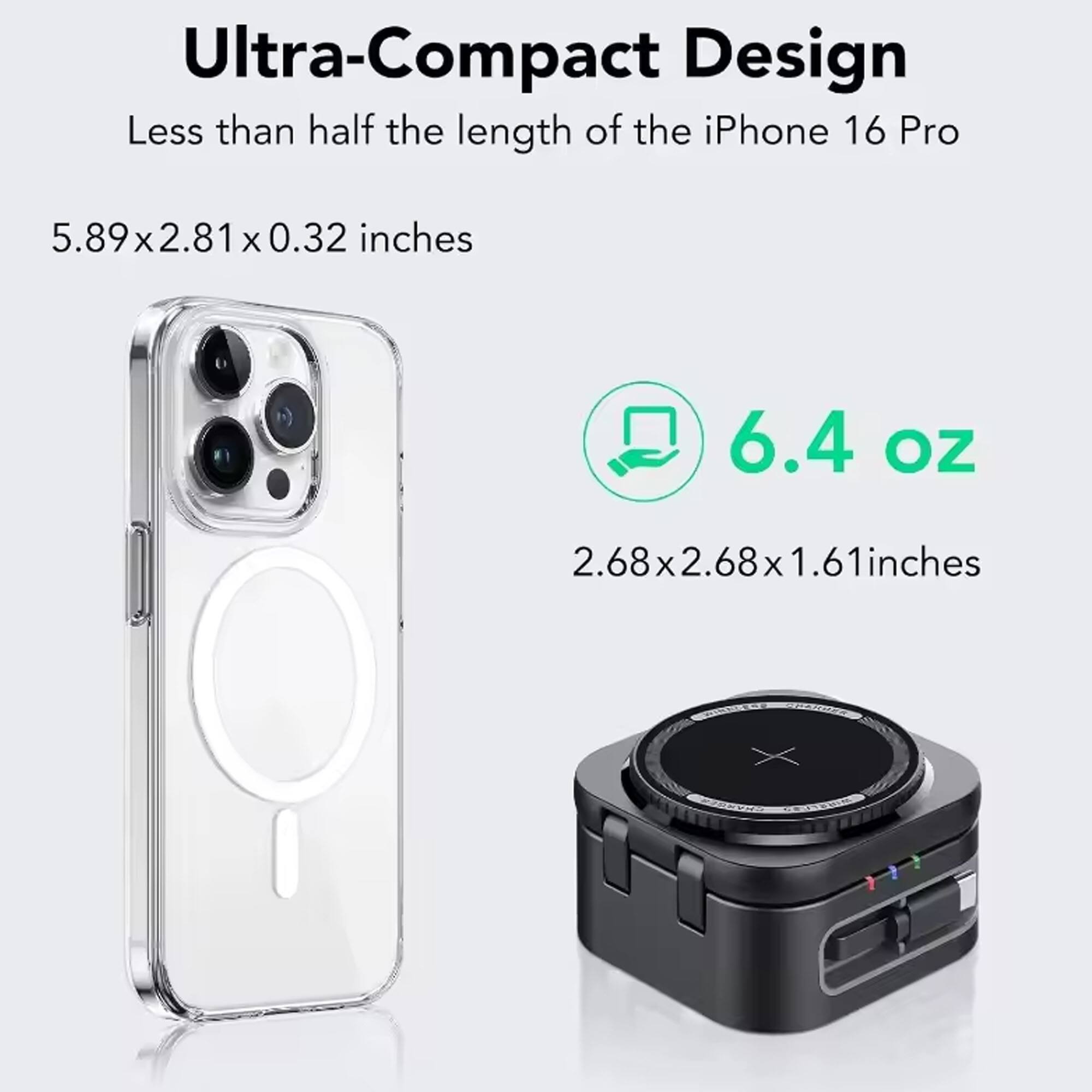 Ultra-Compact Design  
Less than half the length of the iPhone 16 Pro  

5.89 x 2.81 x 0.32 inches  

6.4 oz  

2.68 x 2.68 x 1.61 inches