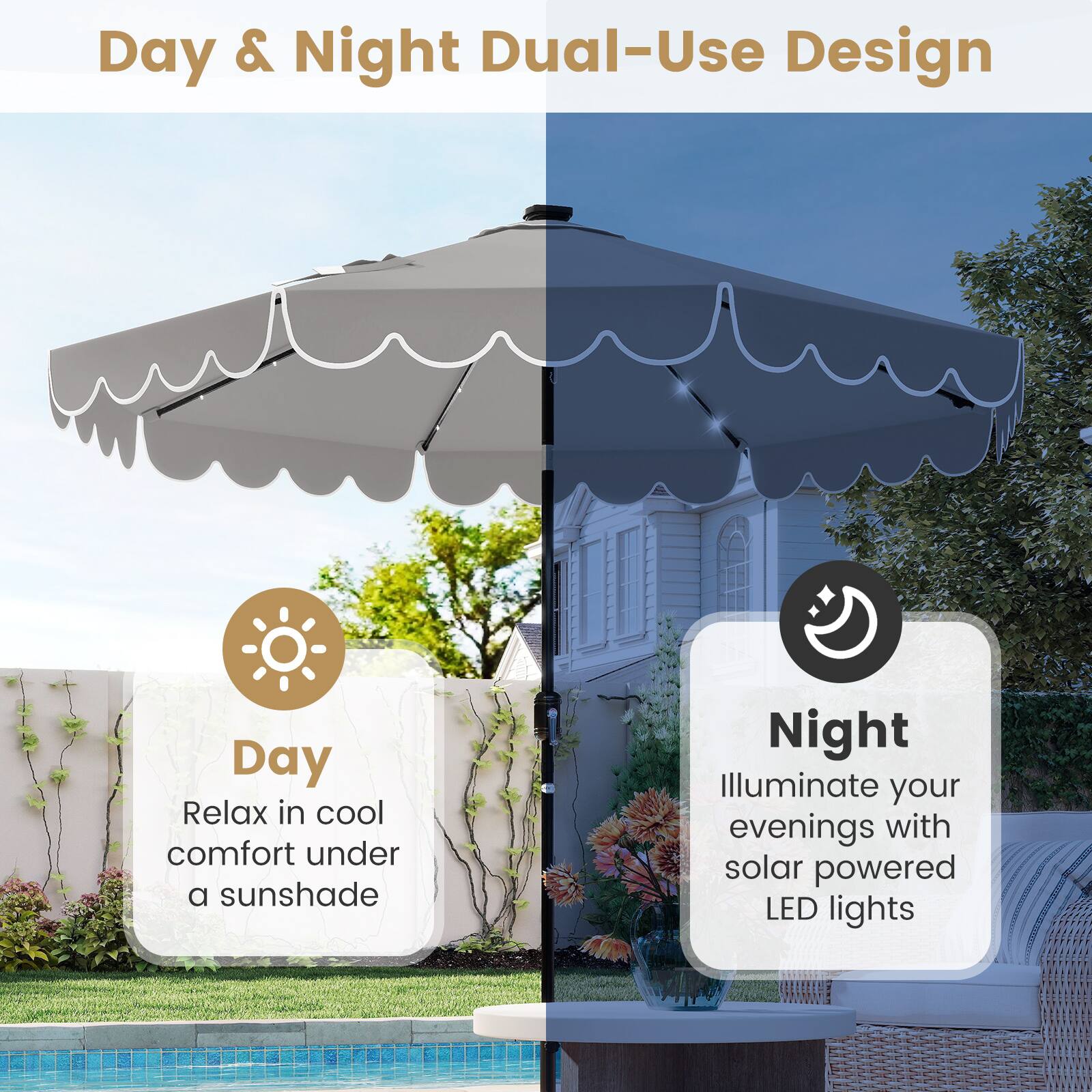 Day & Night Dual-Use Design

Day
Relax in cool comfort under a sunshade

Night
Illuminate your evenings with solar powered LED lights