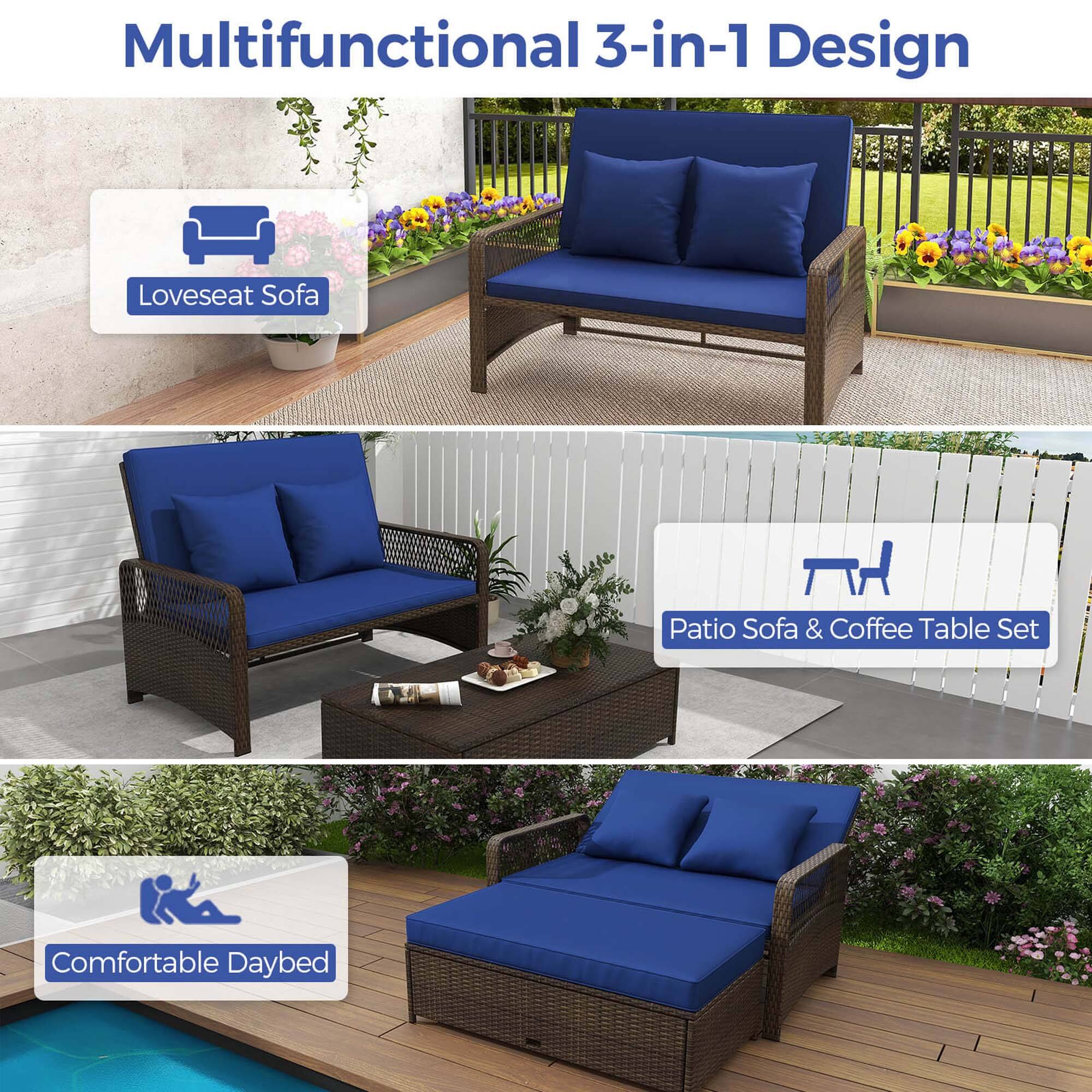 Multifunctional 3-in-1 Design: Loveseat Sofa Patio Sofa & Coffee Table Set, Comfortable Daybed