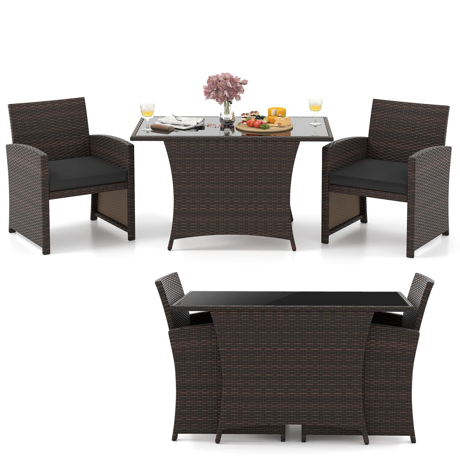 Gymax - 3 Piece Patio Wicker Dining Set 2 Rattan Chairs w/ Rectangle Tempered Glass Dining Table - Black, Mix Brown