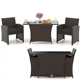 Gymax - 3 Piece Patio Wicker Dining Set 2 Rattan Chairs w/ Rectangle Tempered Glass Dining Table - Black, Mix Brown