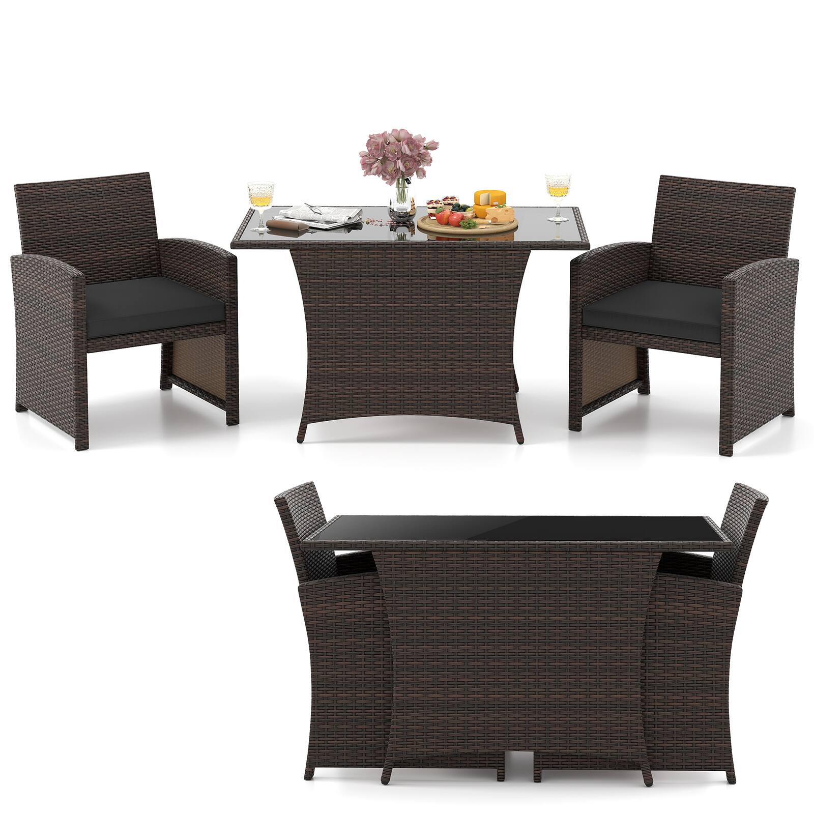 Front. Gymax - Gymax 3 Piece Patio Wicker Dining Set 2 Rattan Chairs w/ Rectangle Tempered Glass Dining Table - Black, Mix Brown.