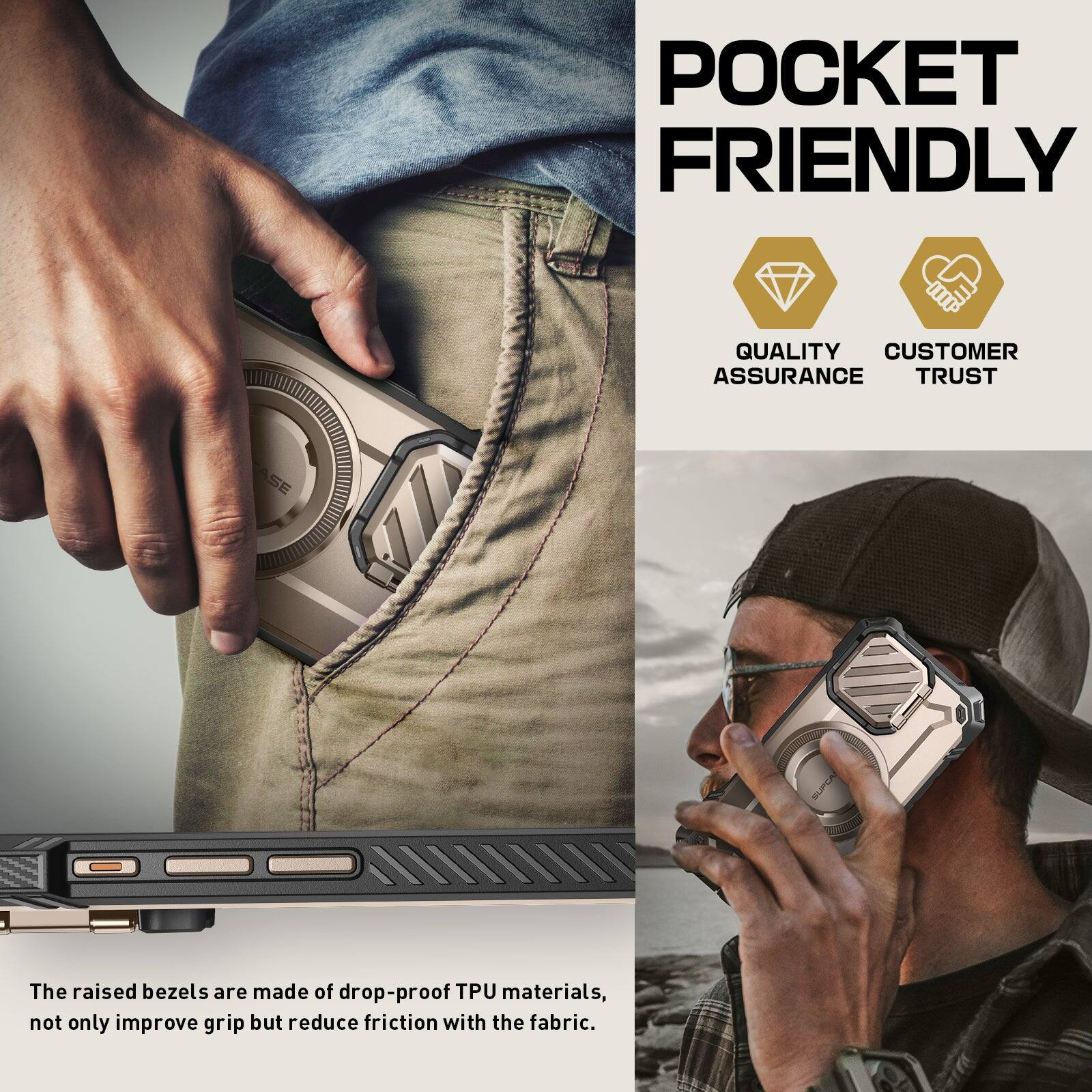 The raised bezels are made of drop-proof TPU materials, not only improving grip but reducing friction with the fabric.