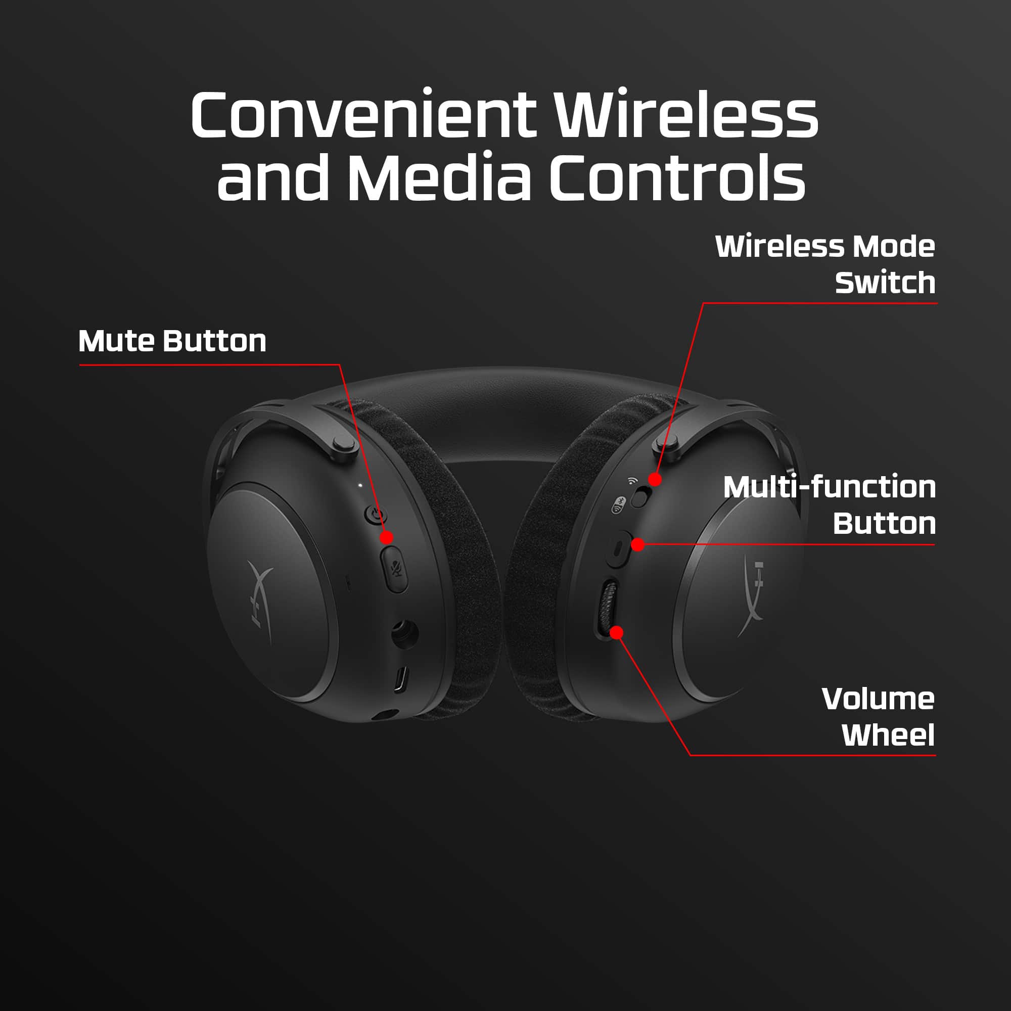 Convenient Wireless and Media Controls

- Wireless Mode Switch
- Mute Button
- Multi-function Button
- Volume Wheel