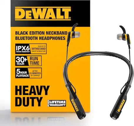 DEWALT BLACK EDITION NECKBAND BLUETOOTH HEADPHONES
SEALED TO IPX6 WATER RESISTANT
WITHSTAND SWEAT & MOISTURE
30+ HOUR RUN TIME
5 HOUR PLAYBACK AFTER 15 MINUTES OF CHARGE
HEAVY DUTY
LIFETIME WARRANTY
DEWALT