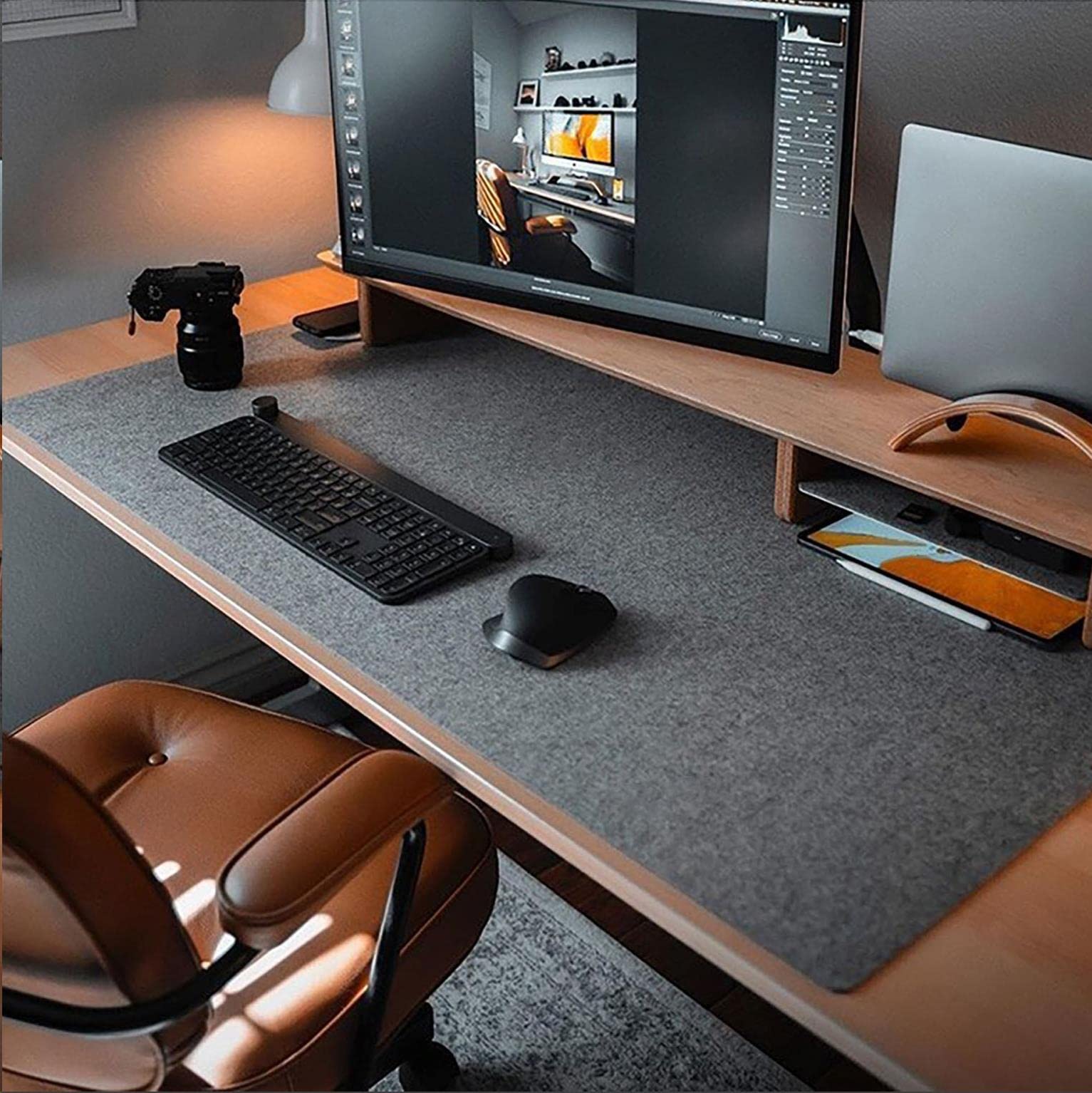 Alt View 5. Fabibe - Felt Desk Mat | Computer For Desk(36x12inches) Large Mouse Pad And Protector Office Dark Gray - Light Gray 90cmx30cm.
