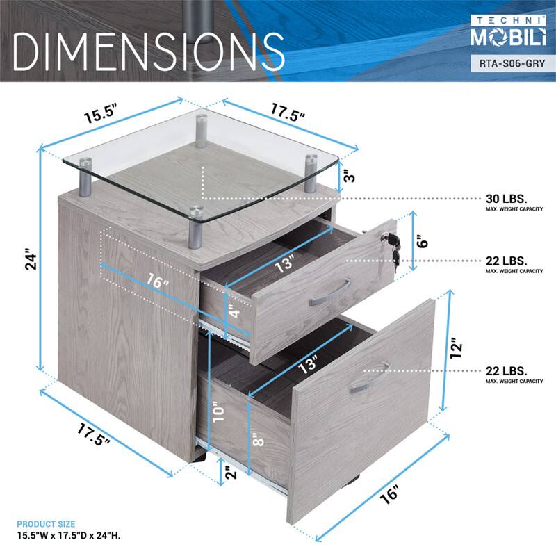 DIMENSIONS  
15.5" W x 17.5" D x 24" H  

TECHNI MOBILI  
RTA-S06-GRY  

- 30 LBS. MAX WEIGHT CAPACITY  
- 22 LBS. MAX WEIGHT CAPACITY  
- 22 LBS. MAX WEIGHT CAPACITY  

PRODUCT SIZE  
15.5"W x 17.5"D x 24"H