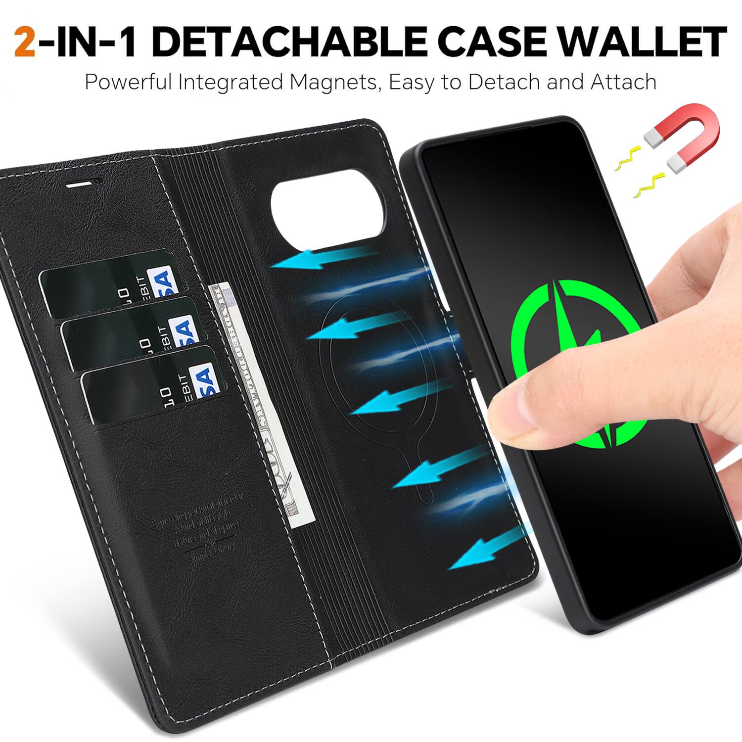 2-IN-1 DETACHABLE CASE WALLET  
Powerful Integrated Magnets, Easy to Detach and Attach