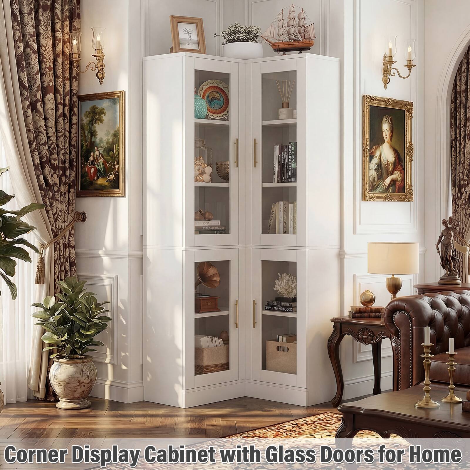 Corner Display Cabinet with Glass Doors for Home