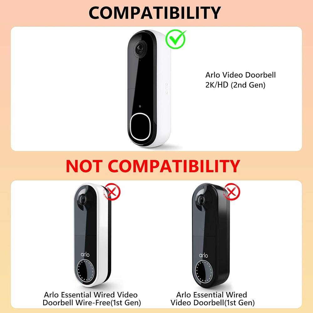 COMPATIBILITY  
Arlo Video Doorbell 2K/HD (2nd Gen)  

NOT COMPATIBILITY  
Arlo Essential Wired Video Doorbell Wire-Free (1st Gen)  
Arlo Essential Wired Video Doorbell (1st Gen)