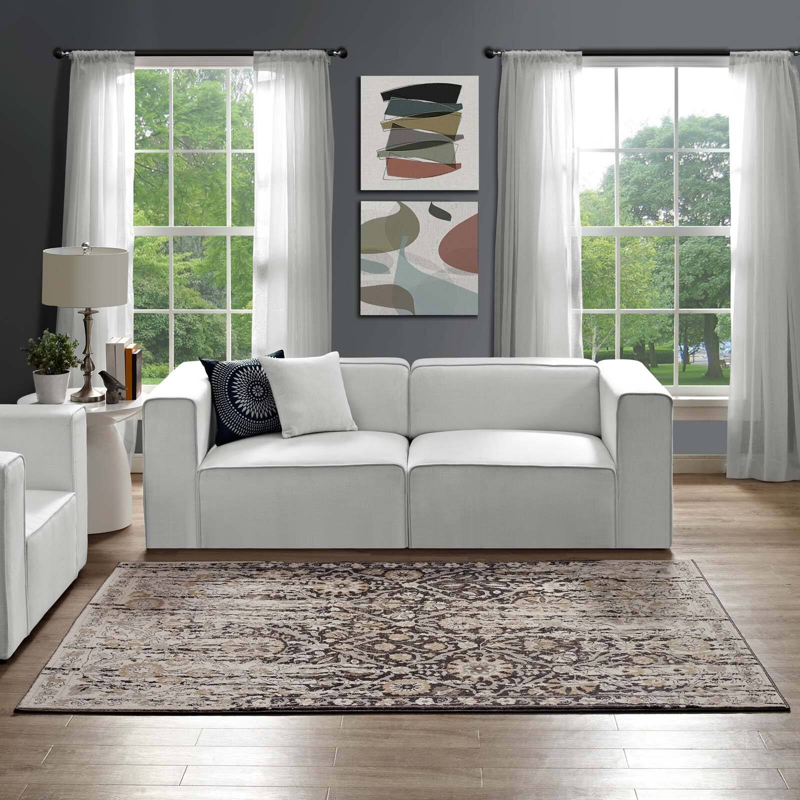 Left. Modway - Ganesa Distressed Diamond Floral Lattice Area Rug - Black and Beige.