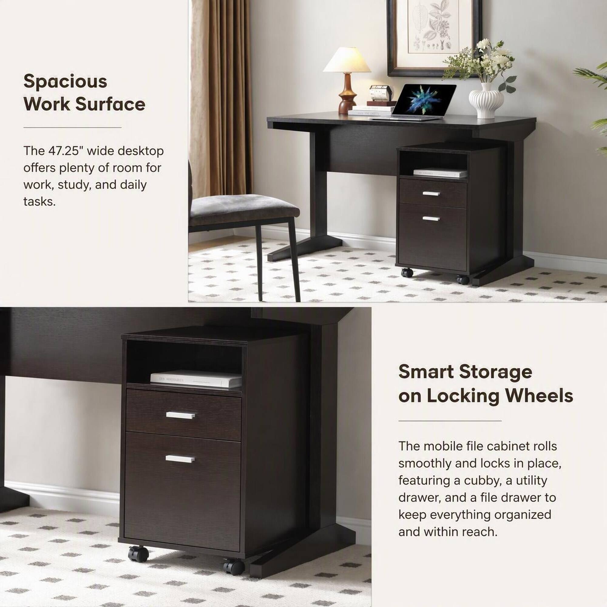 Spacious Work Surface  
The 47.25" wide desktop offers plenty of room for work, study, and daily tasks.  

Smart Storage on Locking Wheels  
The mobile file cabinet rolls smoothly and locks in place, featuring a cubby, a utility drawer, and a file drawer to keep everything organized and within reach.