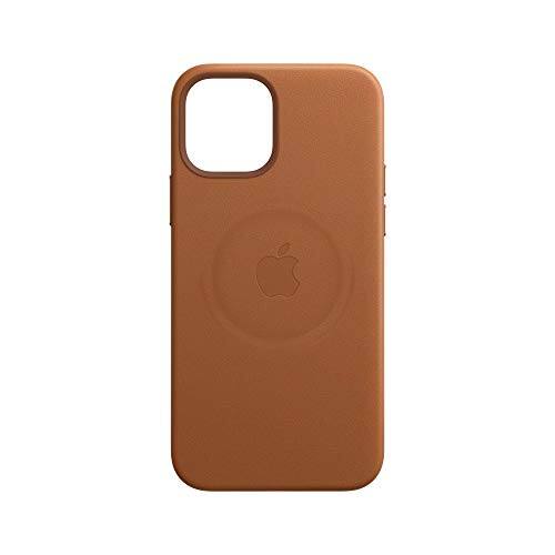 Left. Apple - Apple iPhone 12 Pro Max Leather Case with MagSafe - Saddle Brown - Brown.