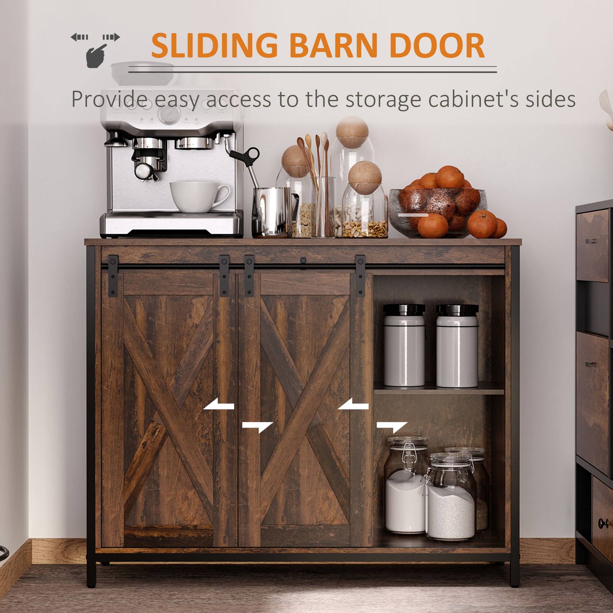 SLIDING BARN DOOR, Provide easy access to the storage cabinet's sides