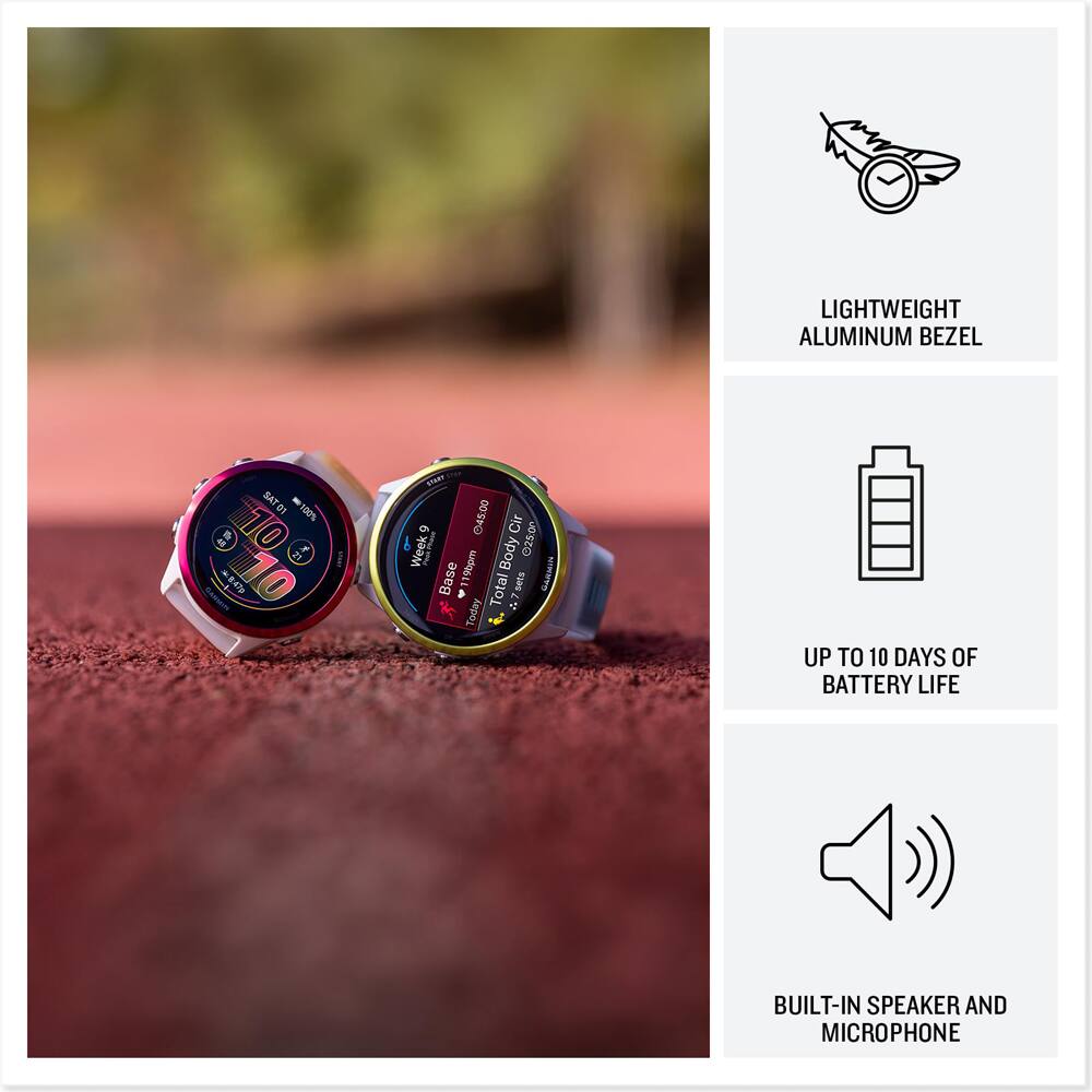 LIGHTWEIGHT ALUMINUM BEZEL

UP TO 10 DAYS OF BATTERY LIFE

BUILT-IN SPEAKER AND MICROPHONE